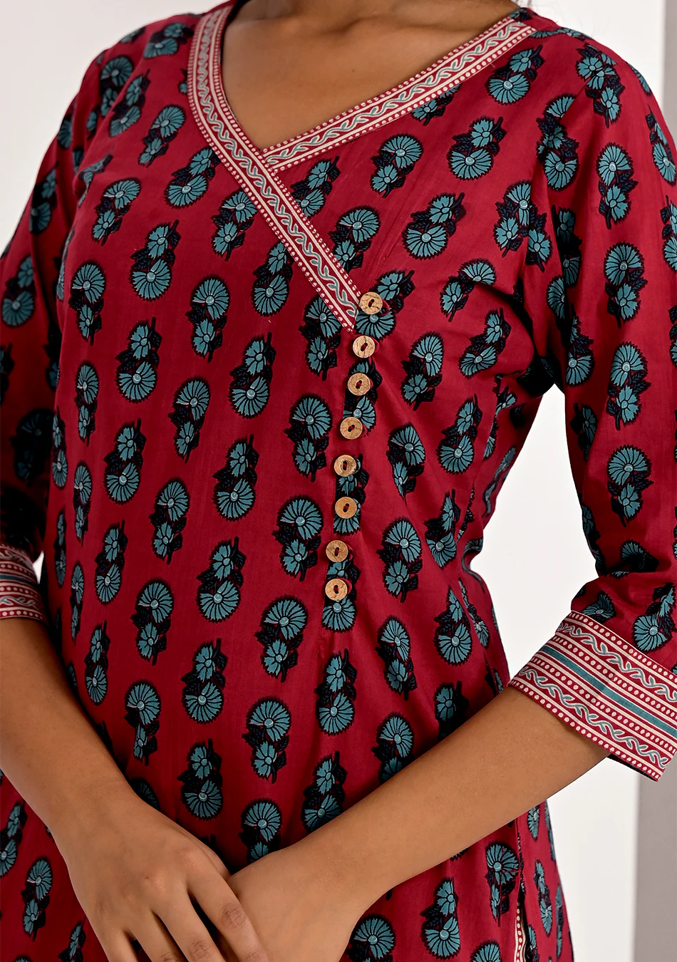 Crimson Sanganeri Handprint Kurta Set - Image 7