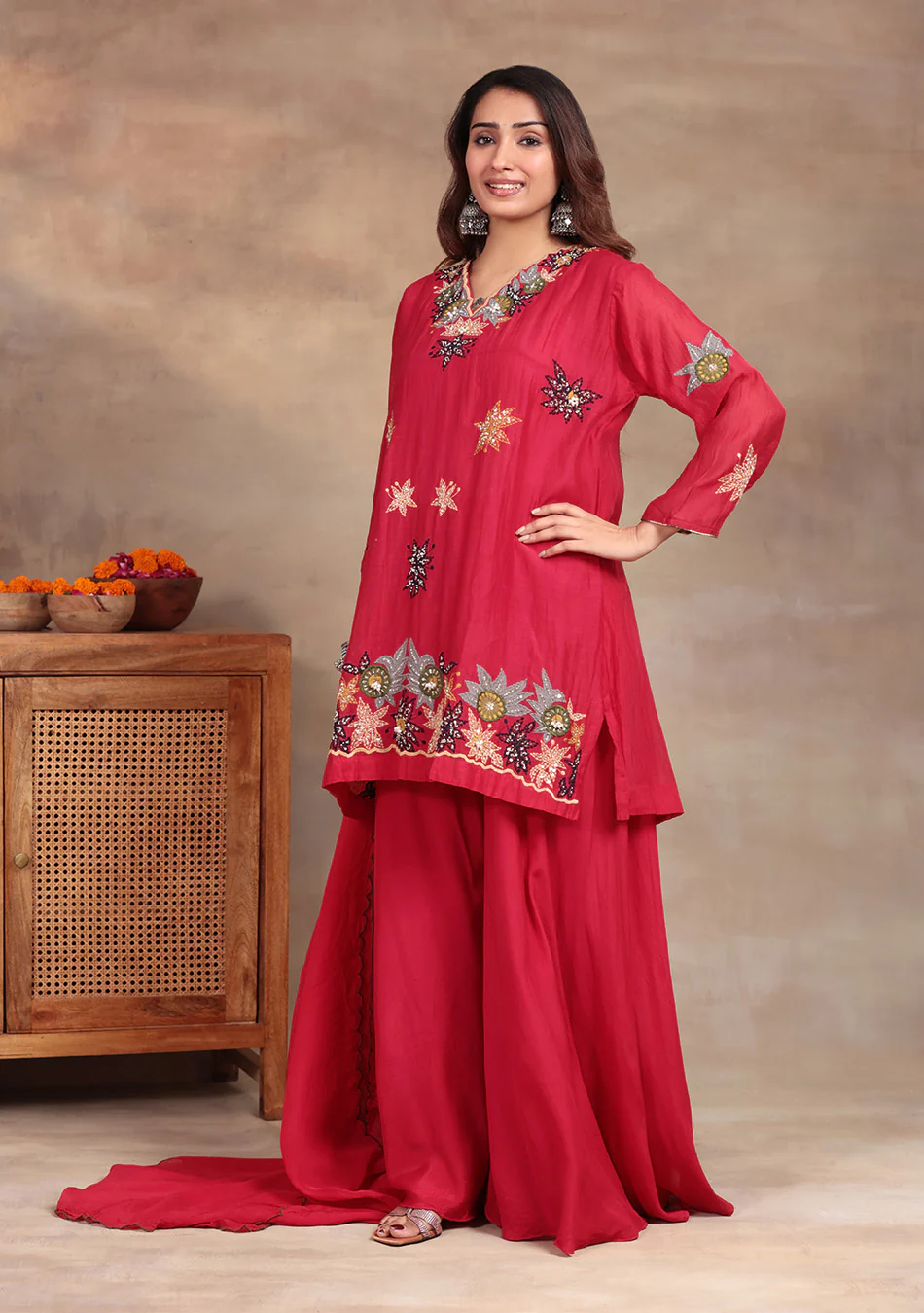 Crimson Star Hand Embroidered Sharara Set - Image 3