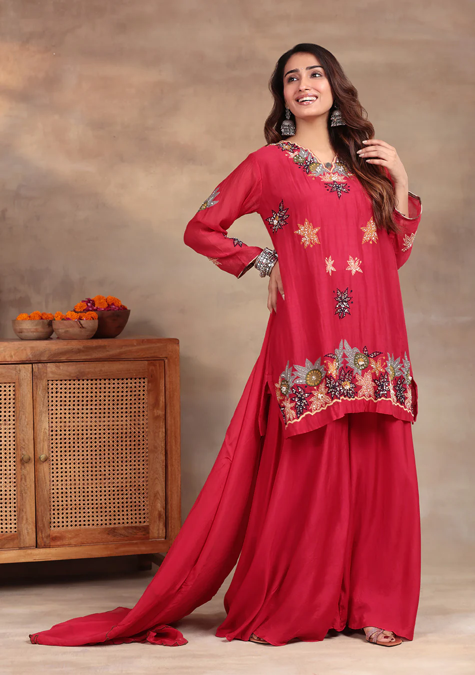 Crimson Star Hand Embroidered Sharara Set - Image 4