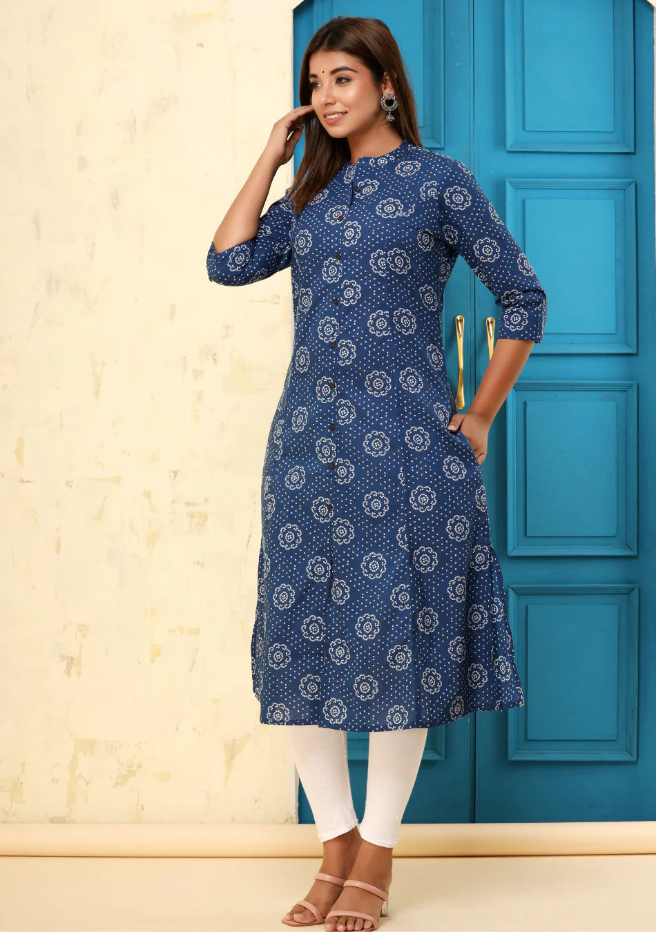 Dark Blue Print A-Line Kurta - Image 3