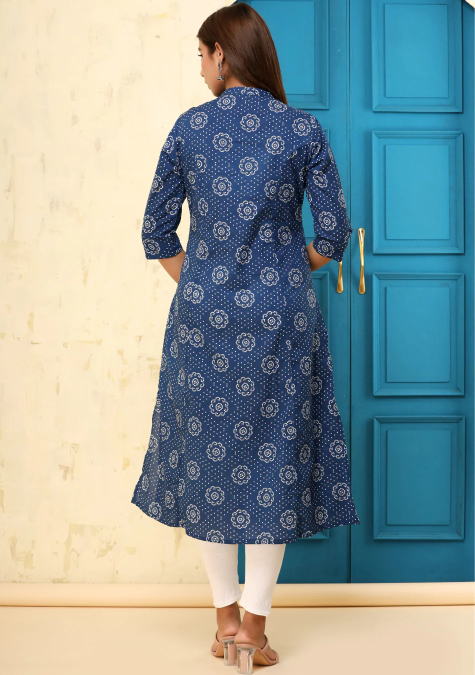 Dark Blue Print A-Line Kurta - Image 4