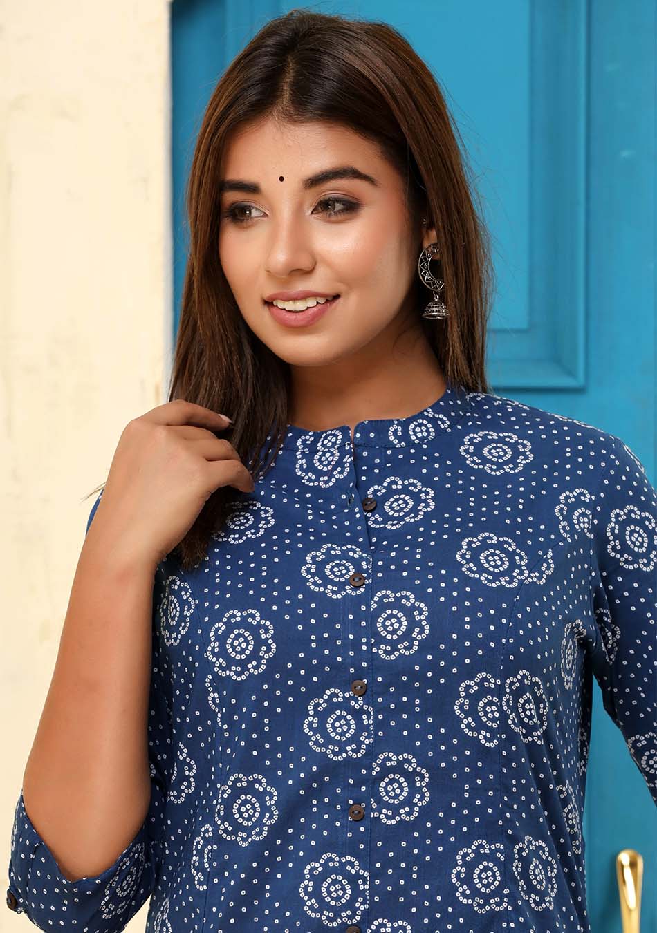 Dark Blue Print A-Line Kurta - Image 5