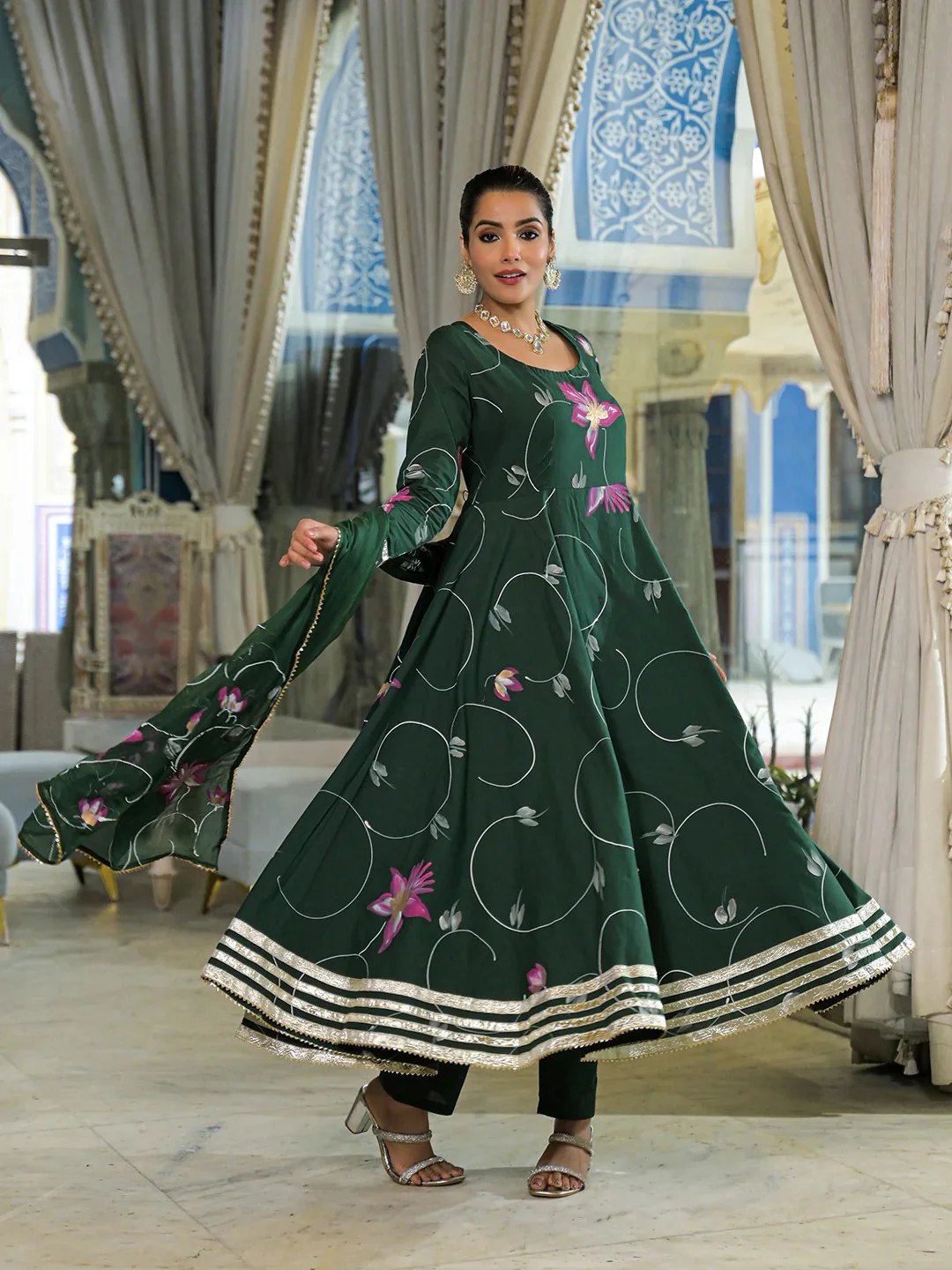 Dark Green Hand Painted Cotton Anarkali Kurta Pant With Dupatta - Image 10