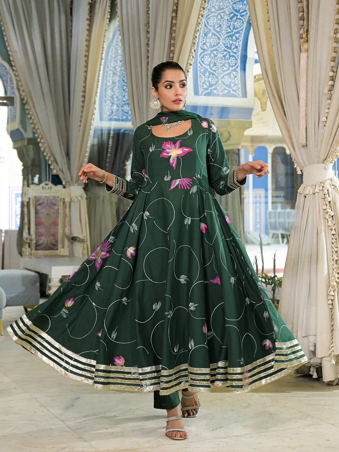 Dark Green Hand Painted Cotton Anarkali Kurta Pant With Dupatta - Image 2