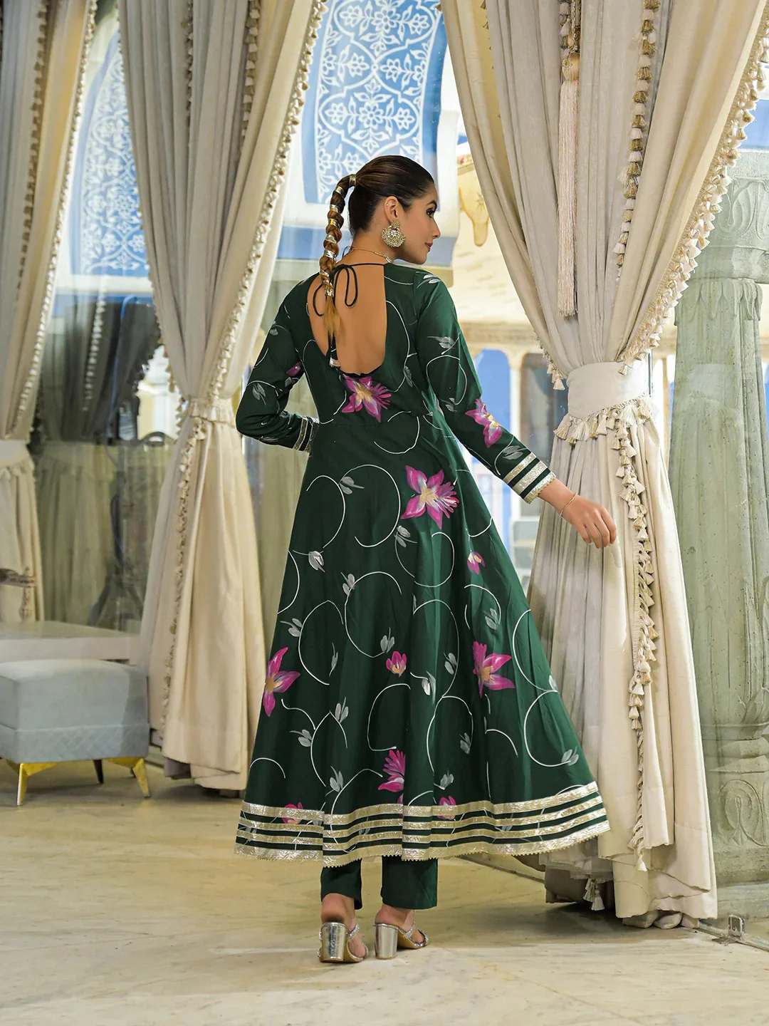 Dark Green Hand Painted Cotton Anarkali Kurta Pant With Dupatta - Image 3