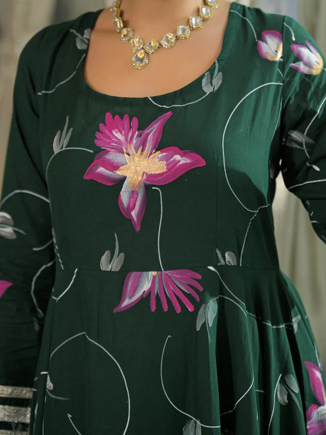 Dark Green Hand Painted Cotton Anarkali Kurta Pant With Dupatta - Image 4