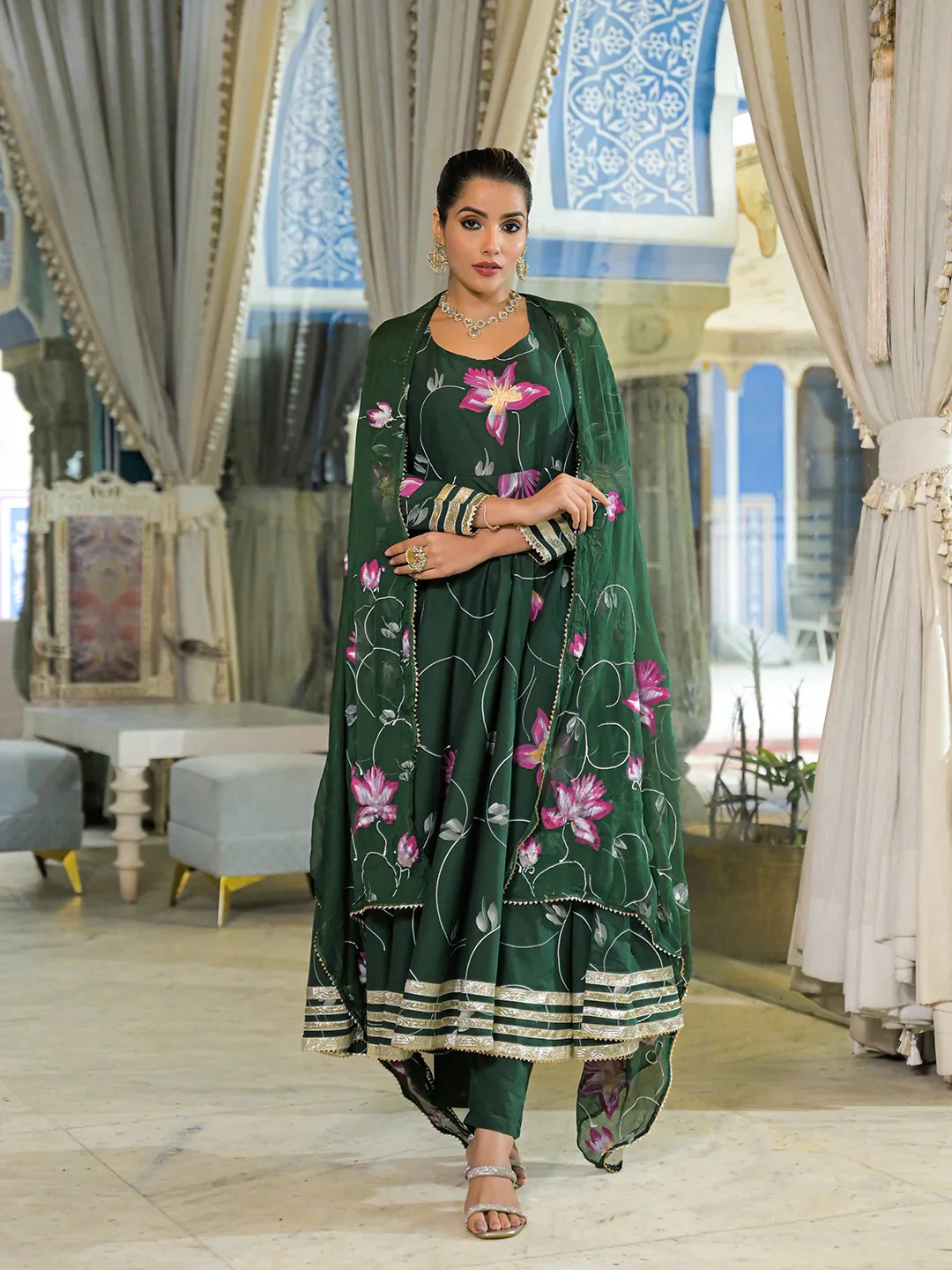 Dark Green Hand Painted Cotton Anarkali Kurta Pant With Dupatta - Image 5