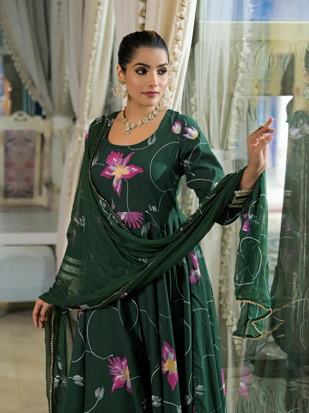 Dark Green Hand Painted Cotton Anarkali Kurta Pant With Dupatta - Image 6