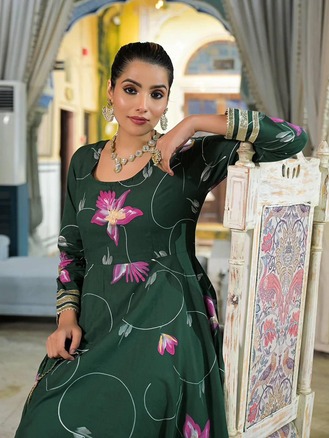 Dark Green Hand Painted Cotton Anarkali Kurta Pant With Dupatta - Image 7