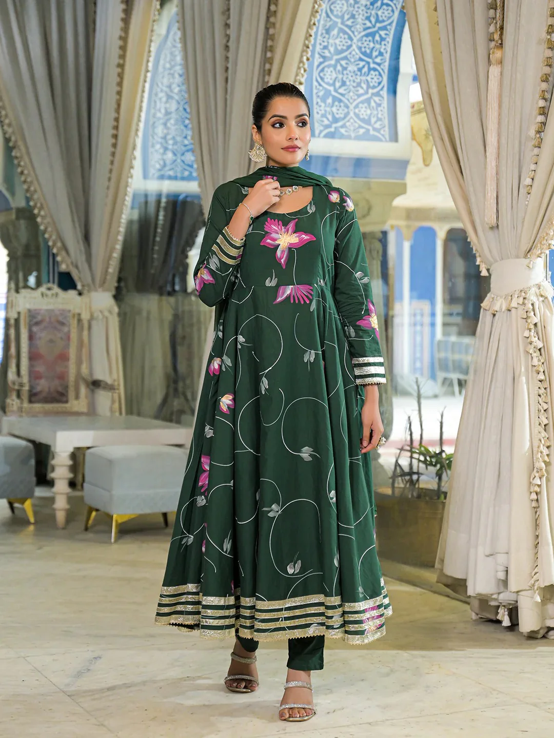 Dark Green Hand Painted Cotton Anarkali Kurta Pant With Dupatta - Image 8