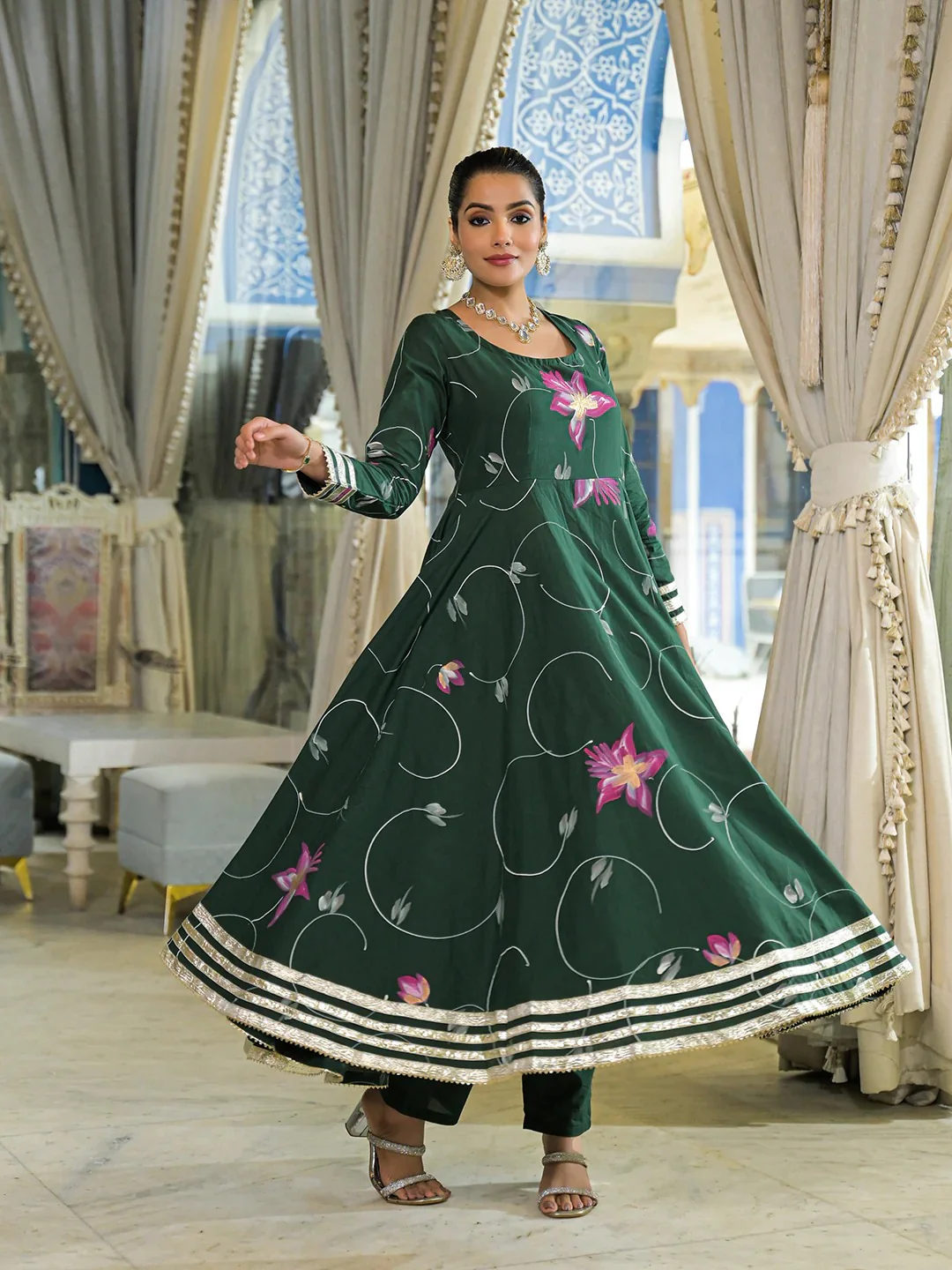 Dark Green Hand Painted Cotton Anarkali Kurta Pant With Dupatta - Image 9