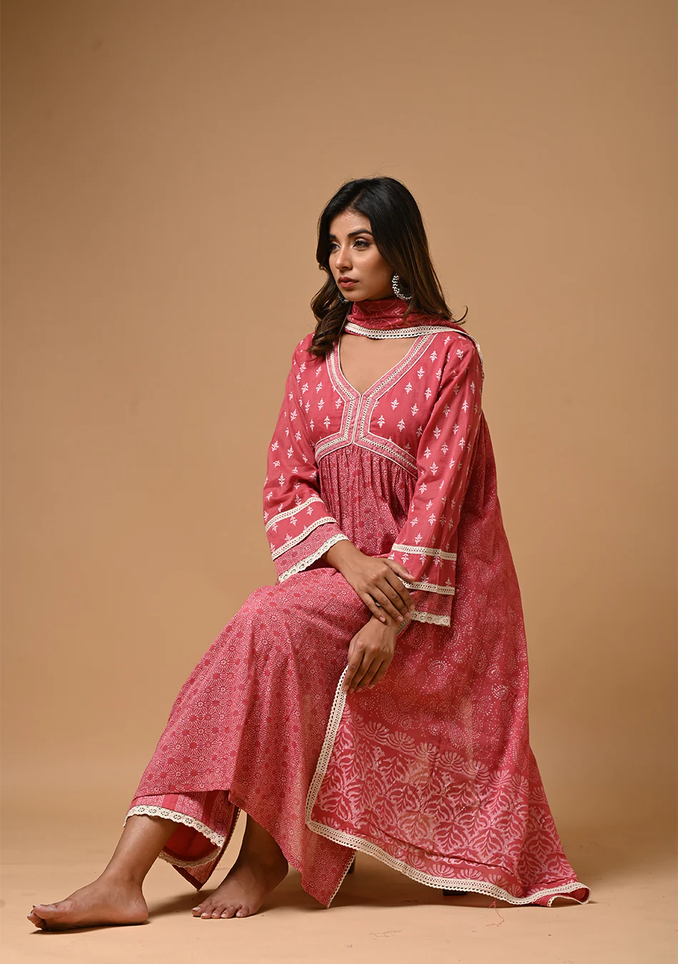Pink Khadi Print Anarkali Suit