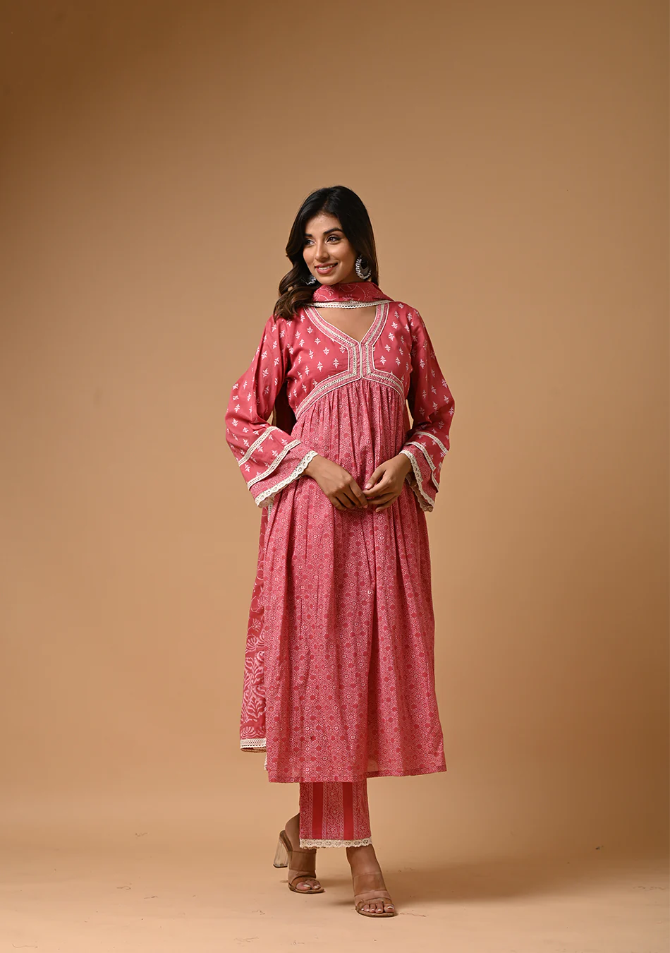 Pink Khadi Print Anarkali Suit - Image 2