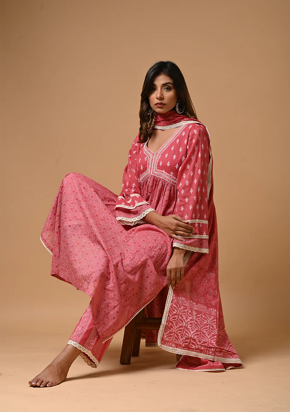 Pink Khadi Print Anarkali Suit - Image 3