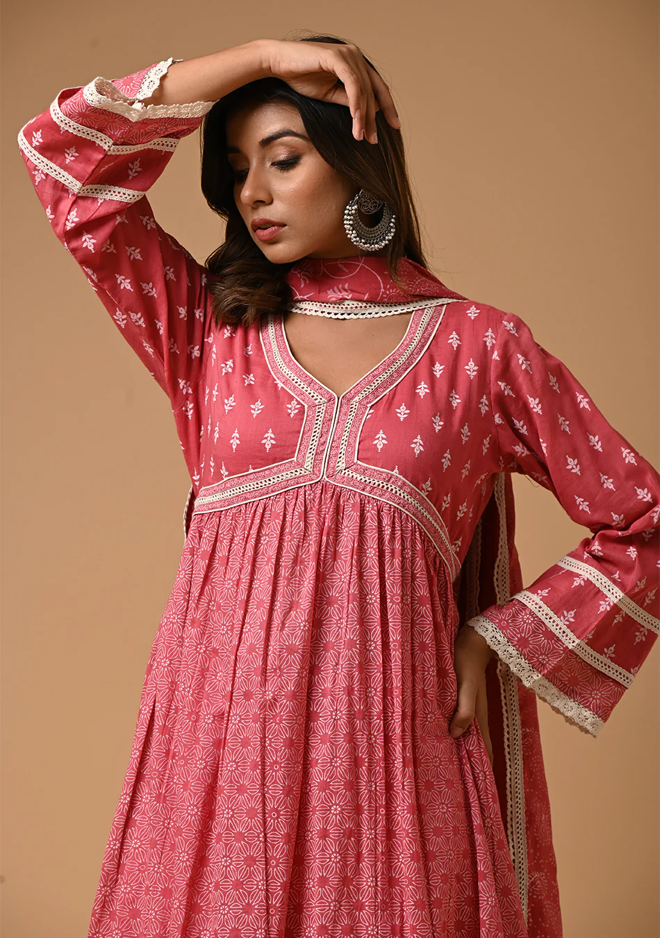 Pink Khadi Print Anarkali Suit - Image 5