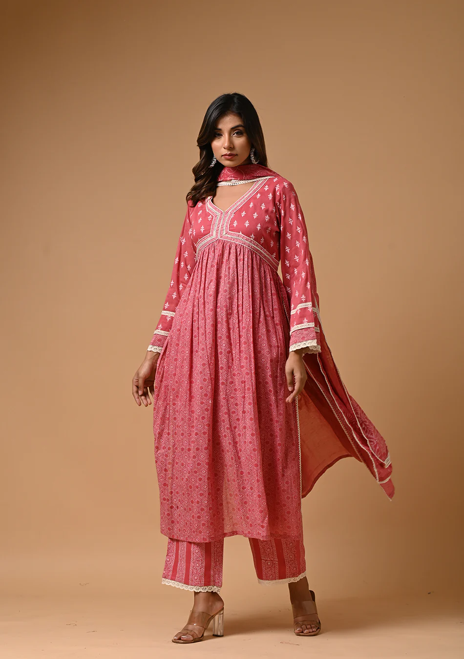 Pink Khadi Print Anarkali Suit - Image 6