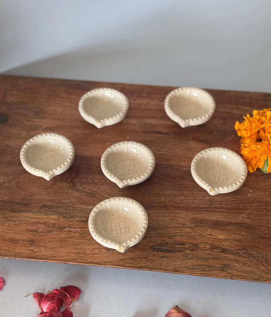 White Swastic Diya Set of 6 - Image 12