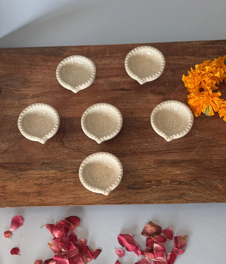 White Swastic Diya Set of 6 - Image 13