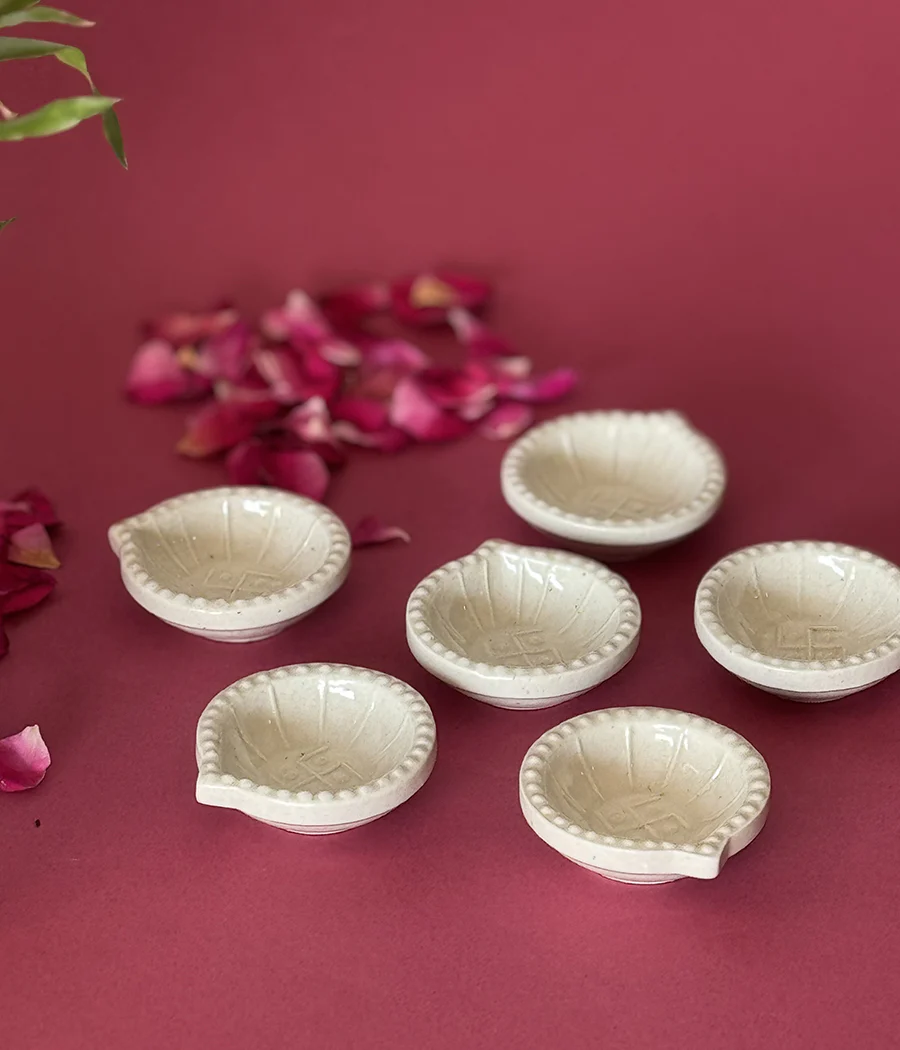White Swastic Diya Set of 6 - Image 4