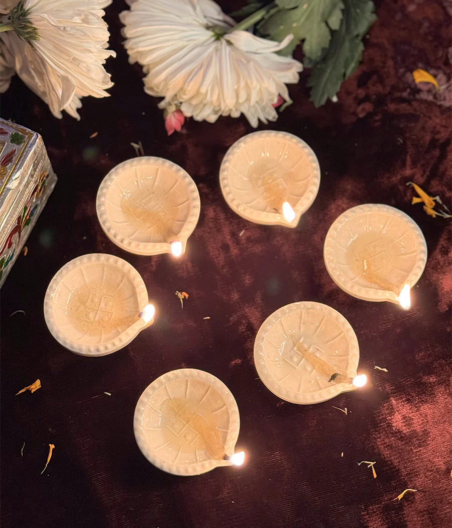 White Swastic Diya Set of 6 - Image 9