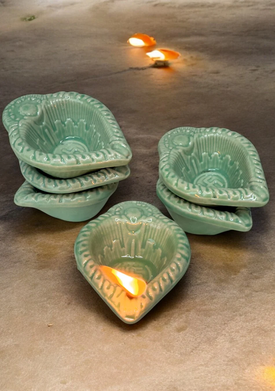 Green Swastic Diya Set of 6 - Image 4