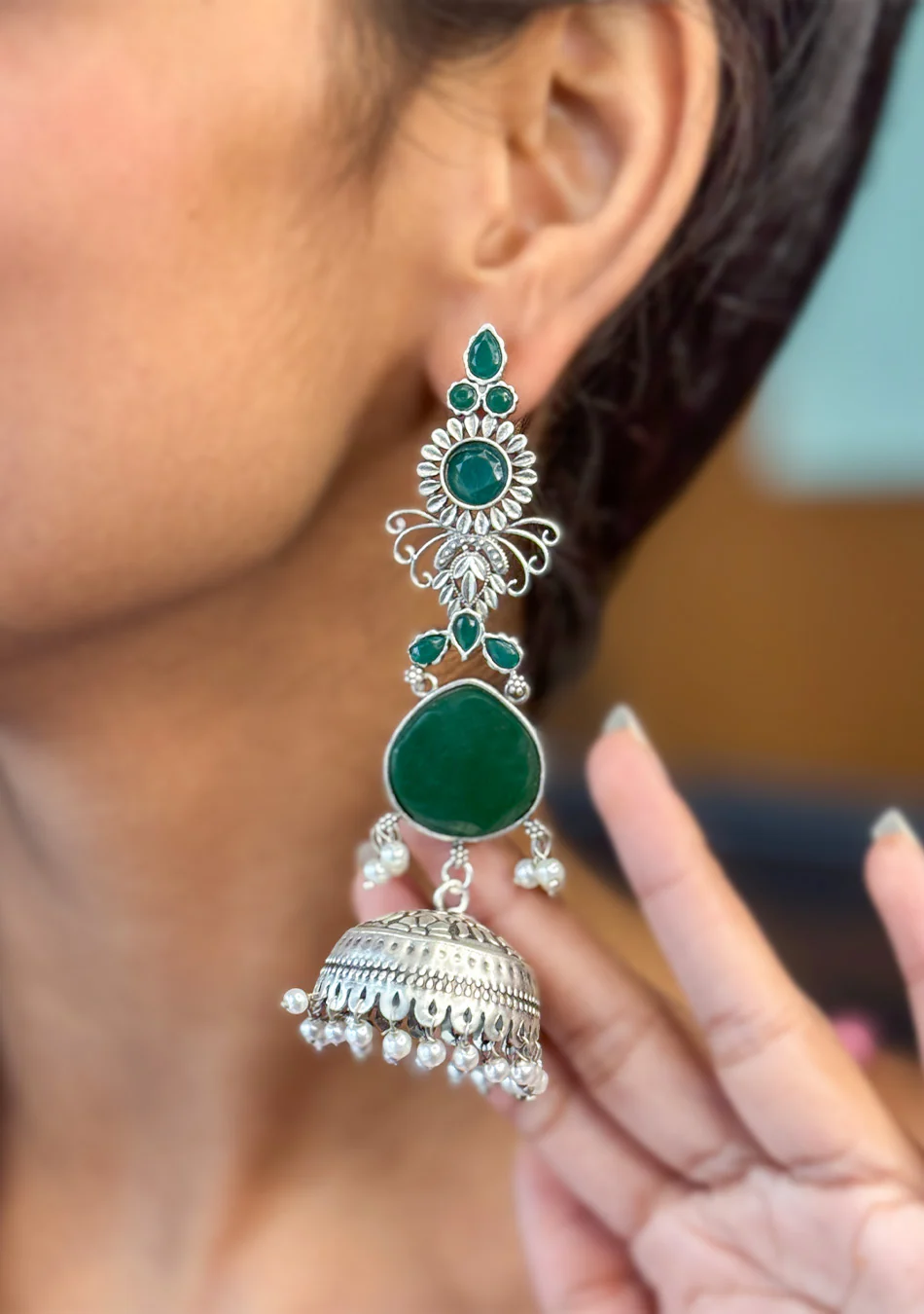 Emerald Drape Jhumkas - Image 3