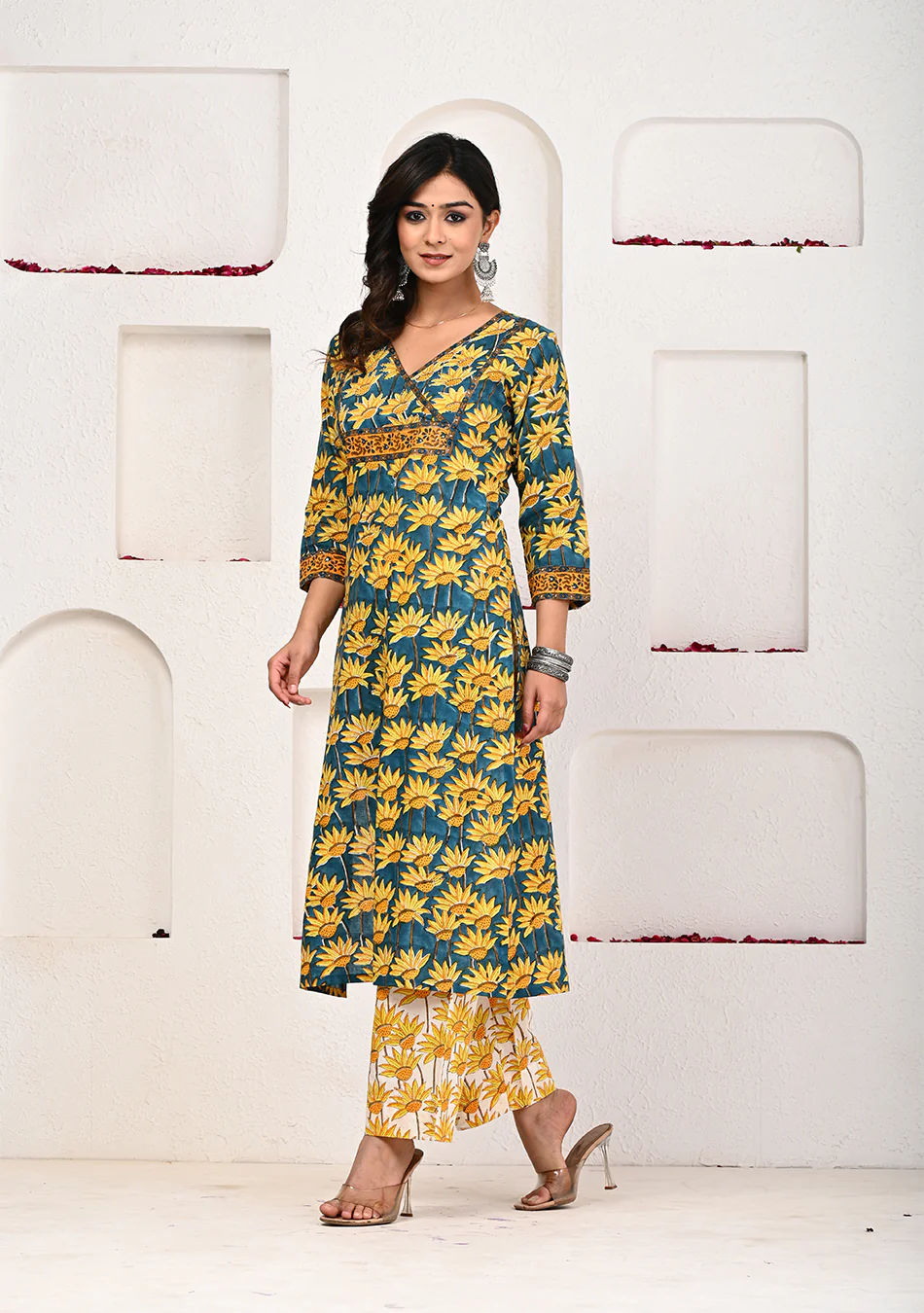 Emerald Peacock Hand Block Suit Set with Dupatta - Image 3