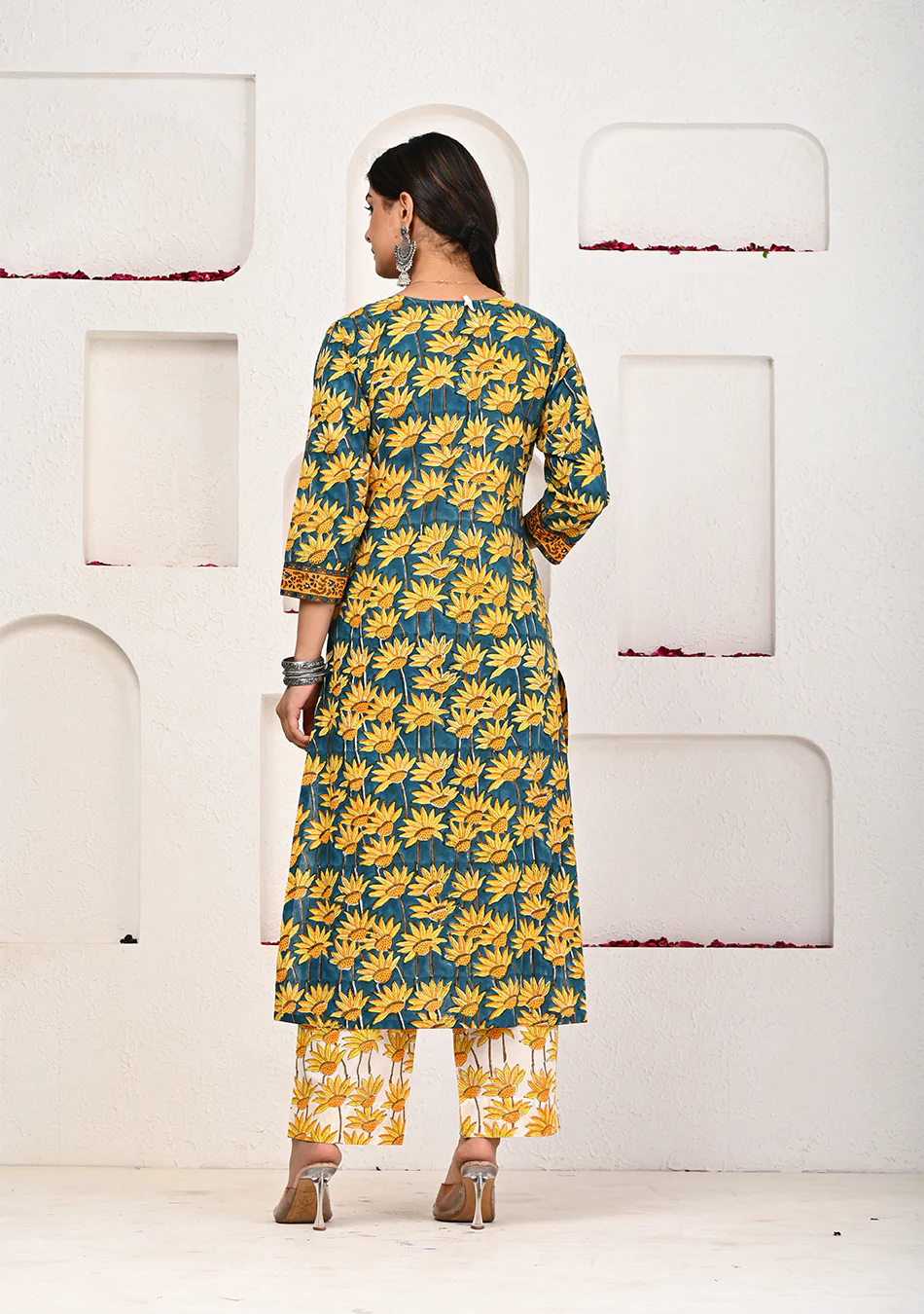 Emerald Peacock Hand Block Suit Set with Dupatta - Image 7