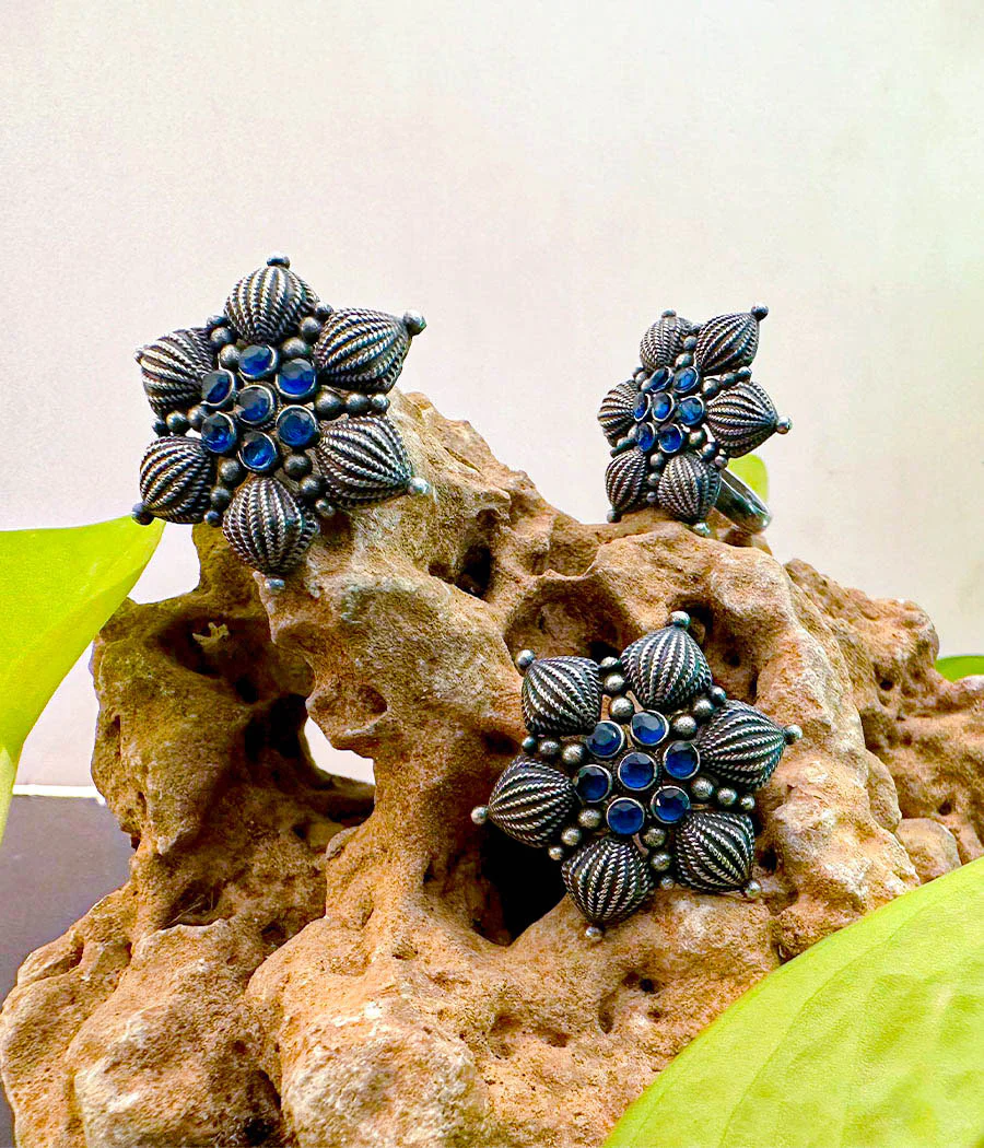 Floral Radiance Studs with Ring - Image 3