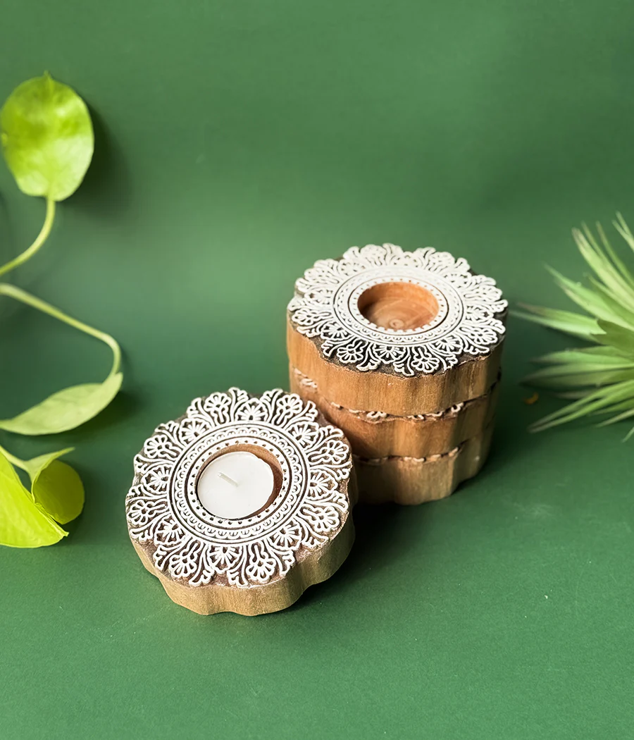 Flower Carved Wooden Diyas - Image 2