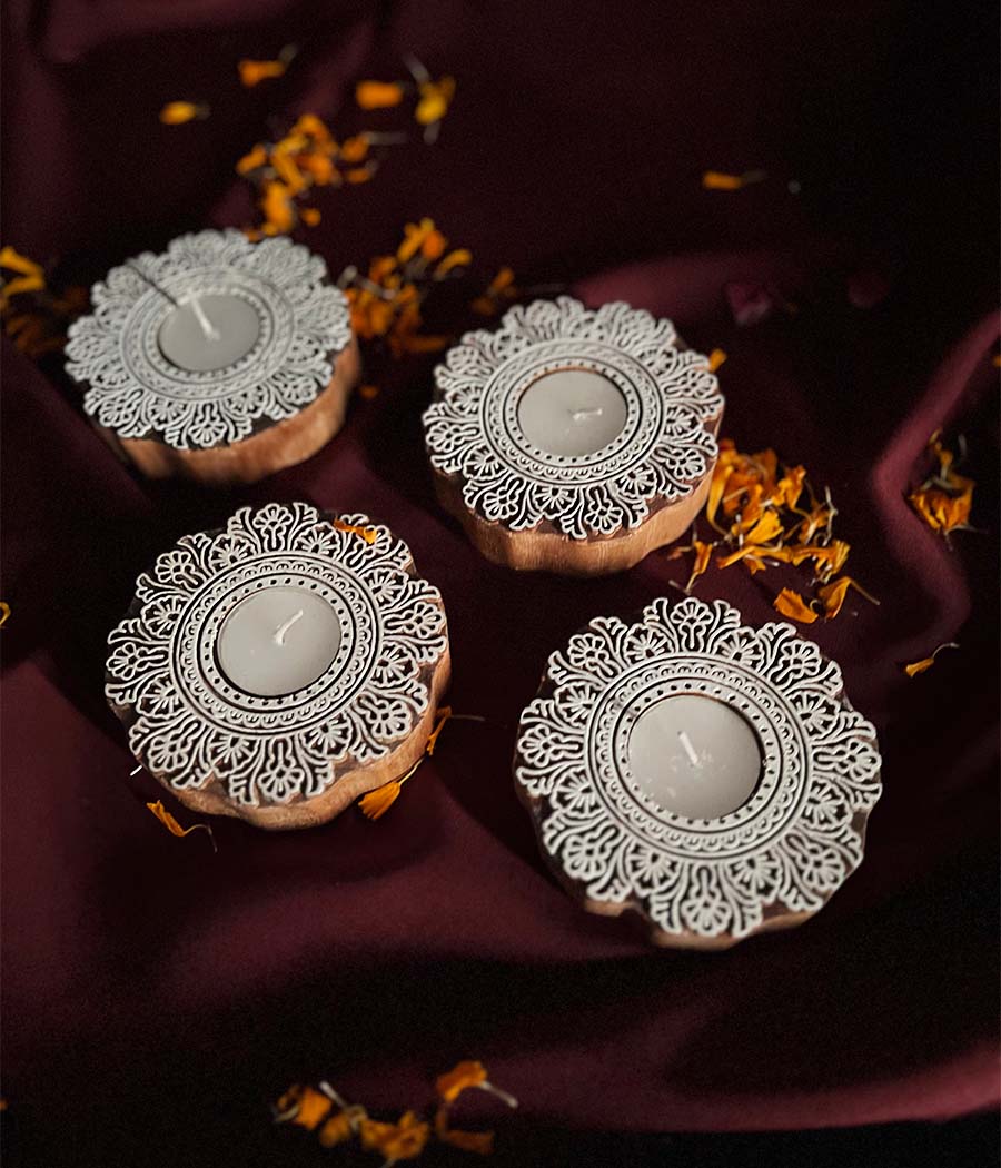 Flower Carved Wooden Diyas - Image 3