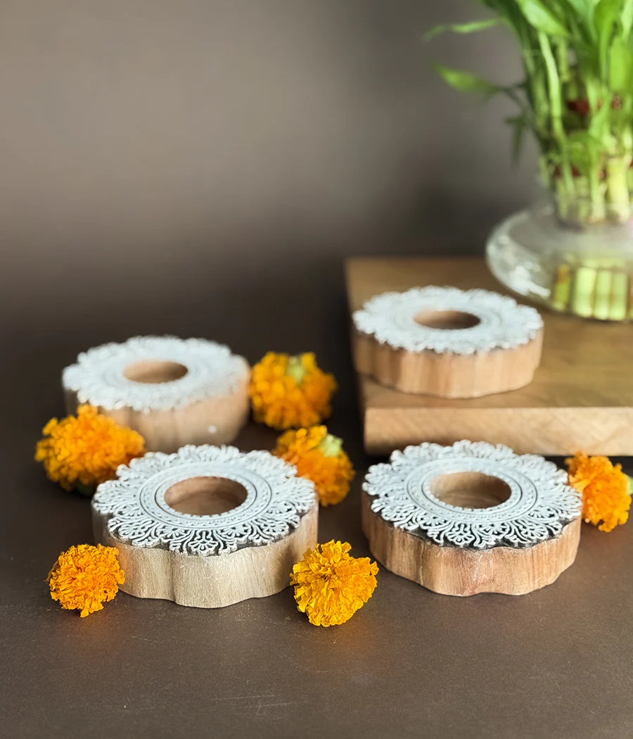 Flower Carved Wooden Diyas - Image 4