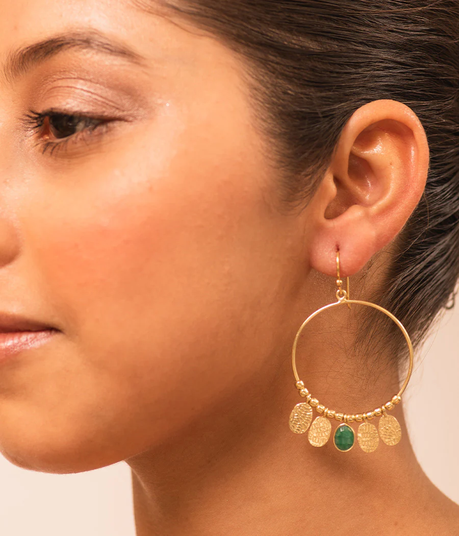 Gold Loop Beaded Earrings with Emerald - Image 2