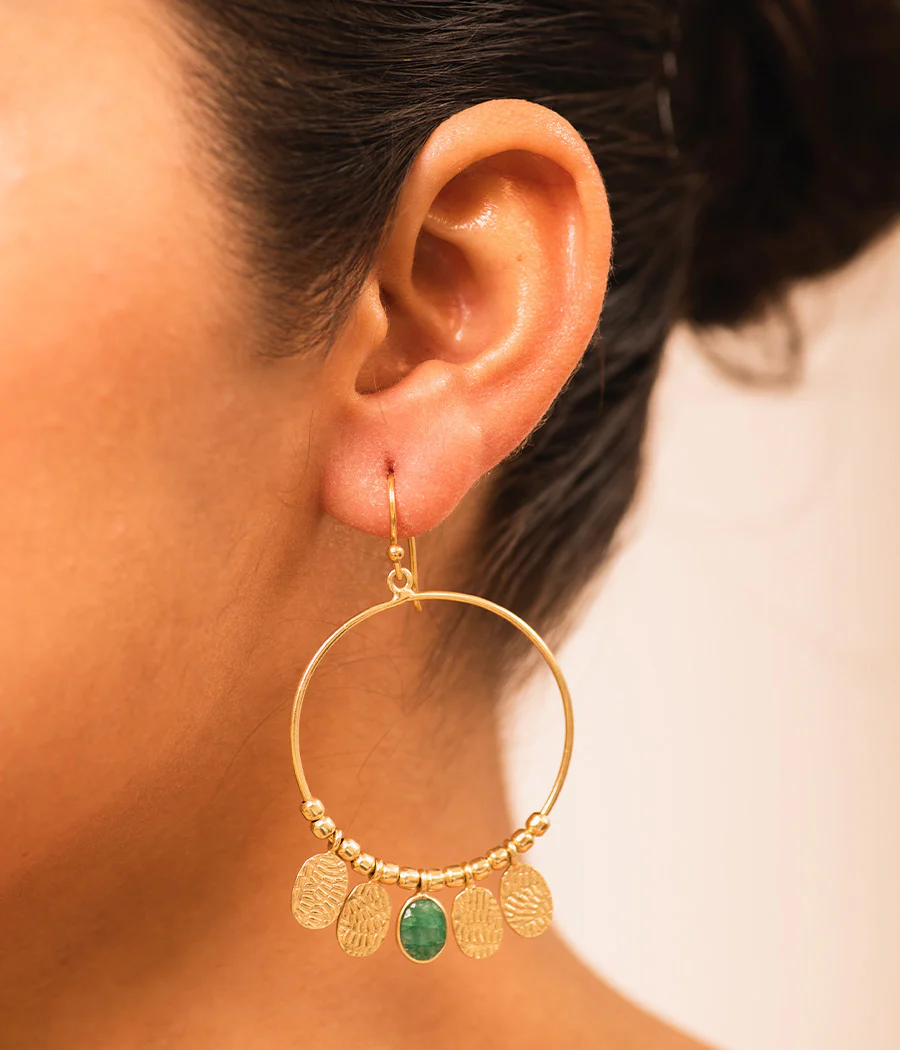 Gold Loop Beaded Earrings with Emerald - Image 3