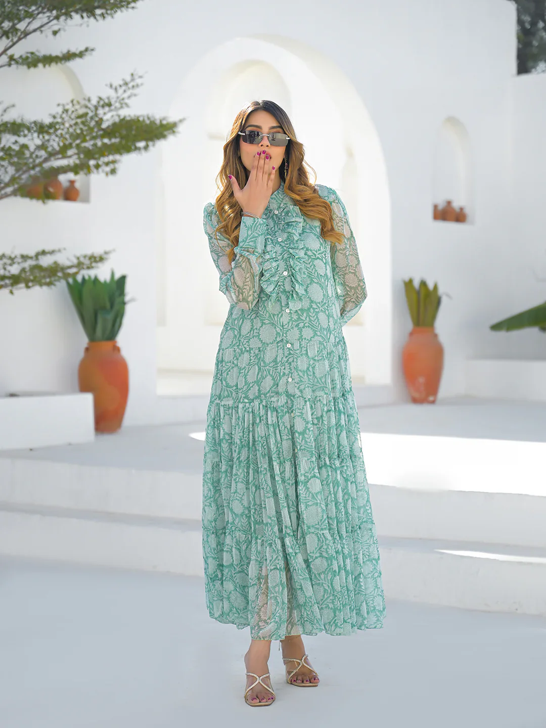 Green Georgette Long Sleeve Maxi Dress - Image 2