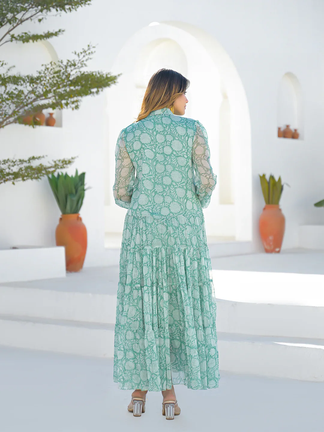 Green Georgette Long Sleeve Maxi Dress - Image 3