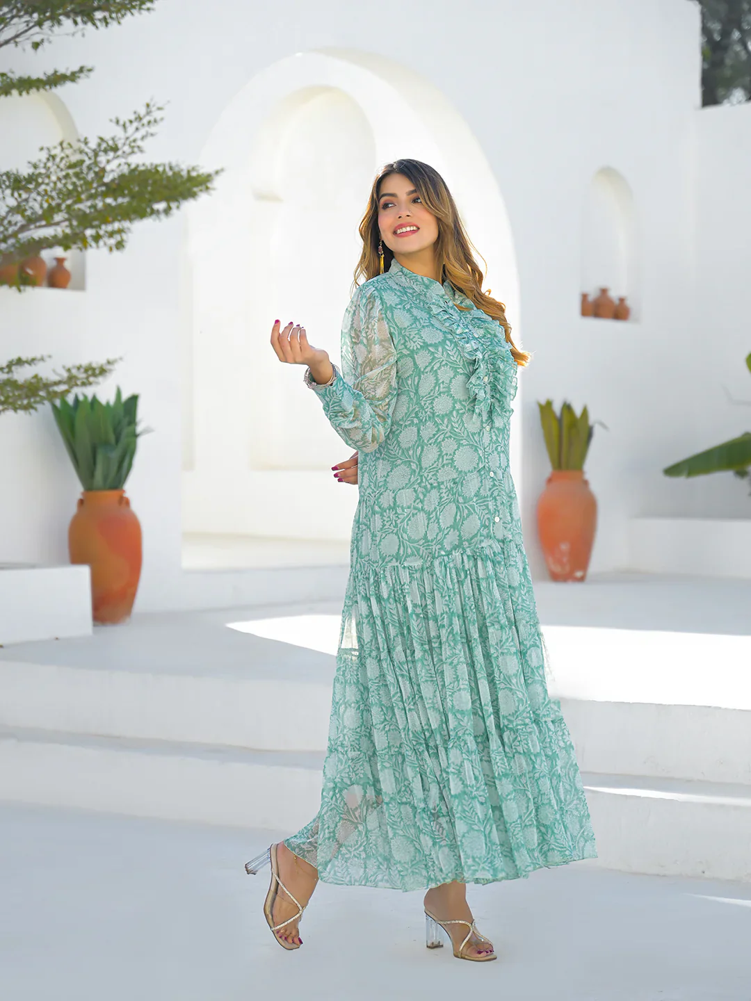 Green Georgette Long Sleeve Maxi Dress - Image 4