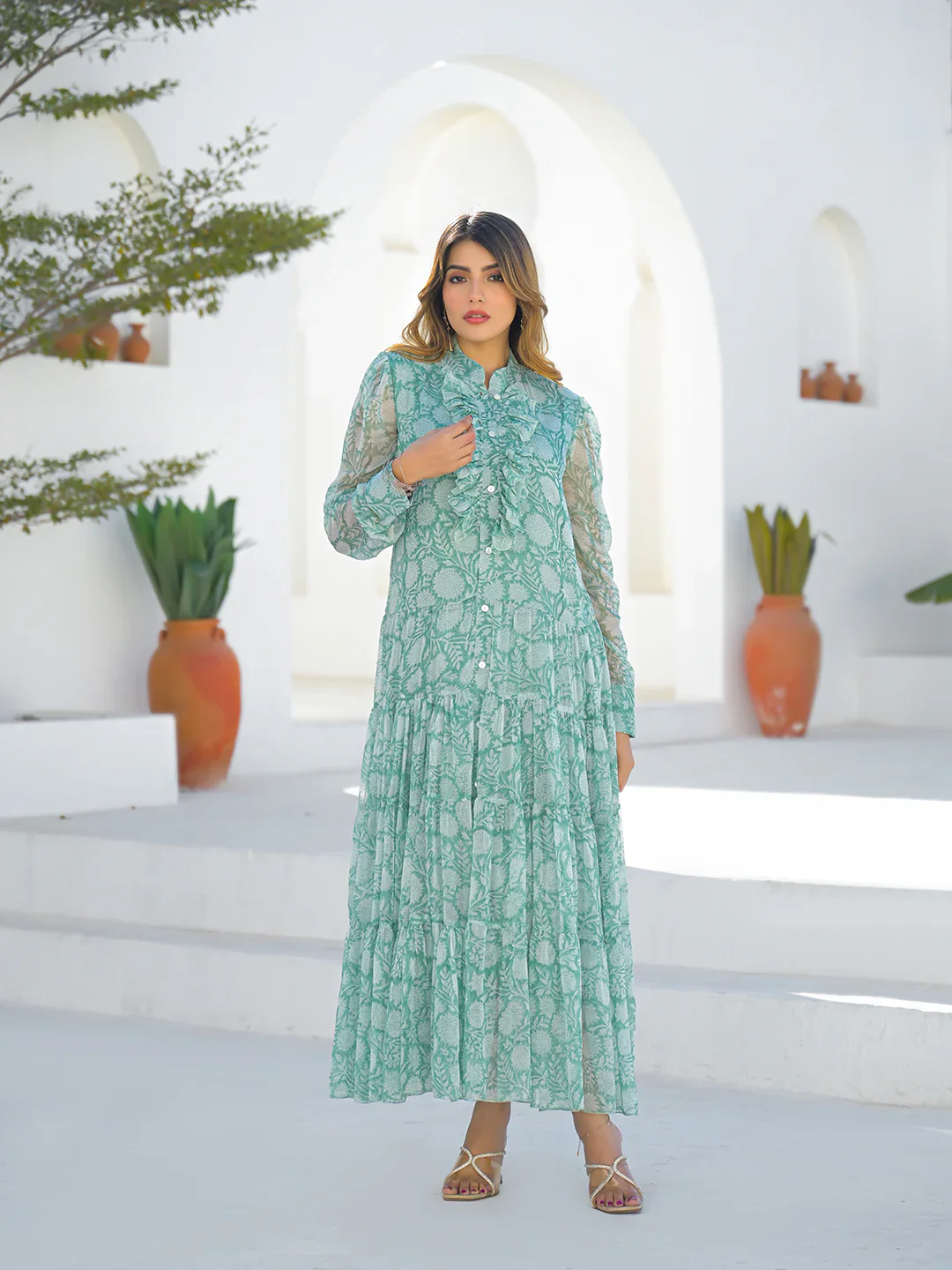 Green Georgette Long Sleeve Maxi Dress - Image 6
