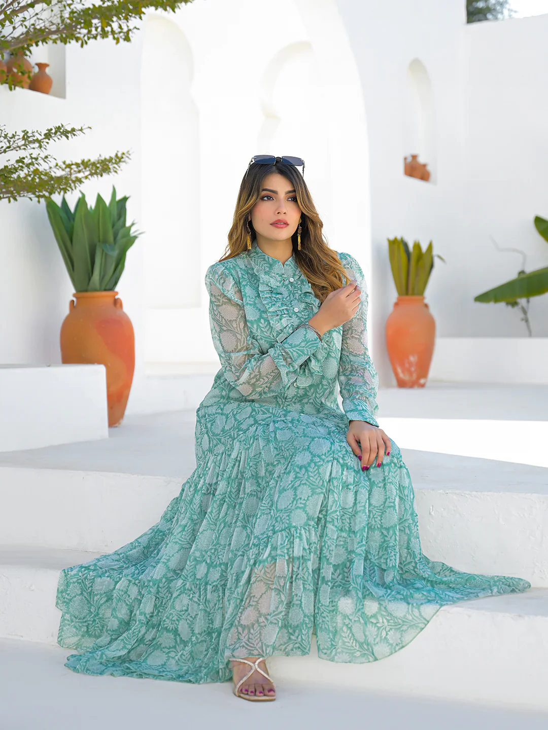 Green Georgette Long Sleeve Maxi Dress - Image 7