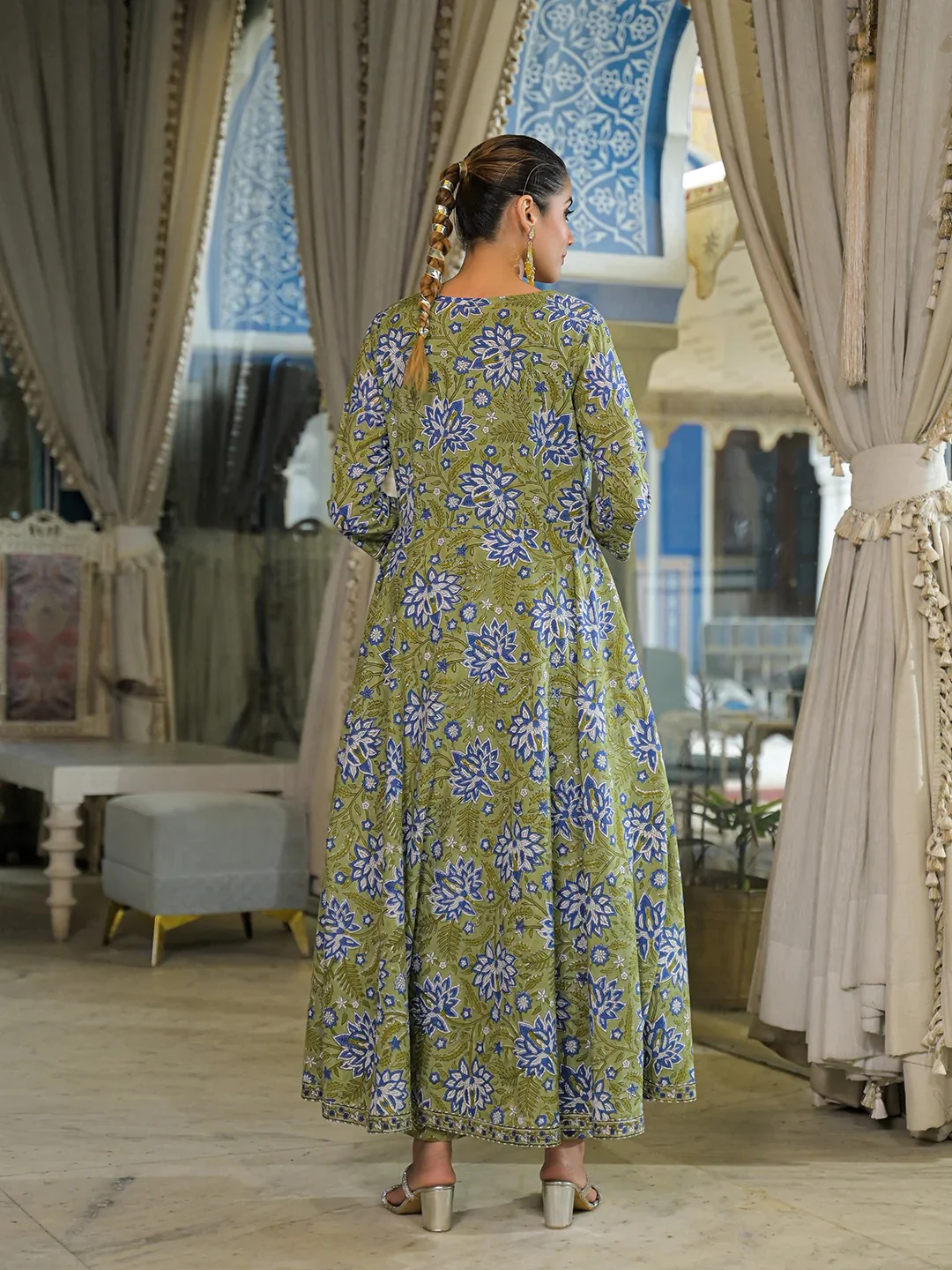 Green Hand Block Cotton Anarkali Kurta Pant With Dupatta & jacket - Image 3