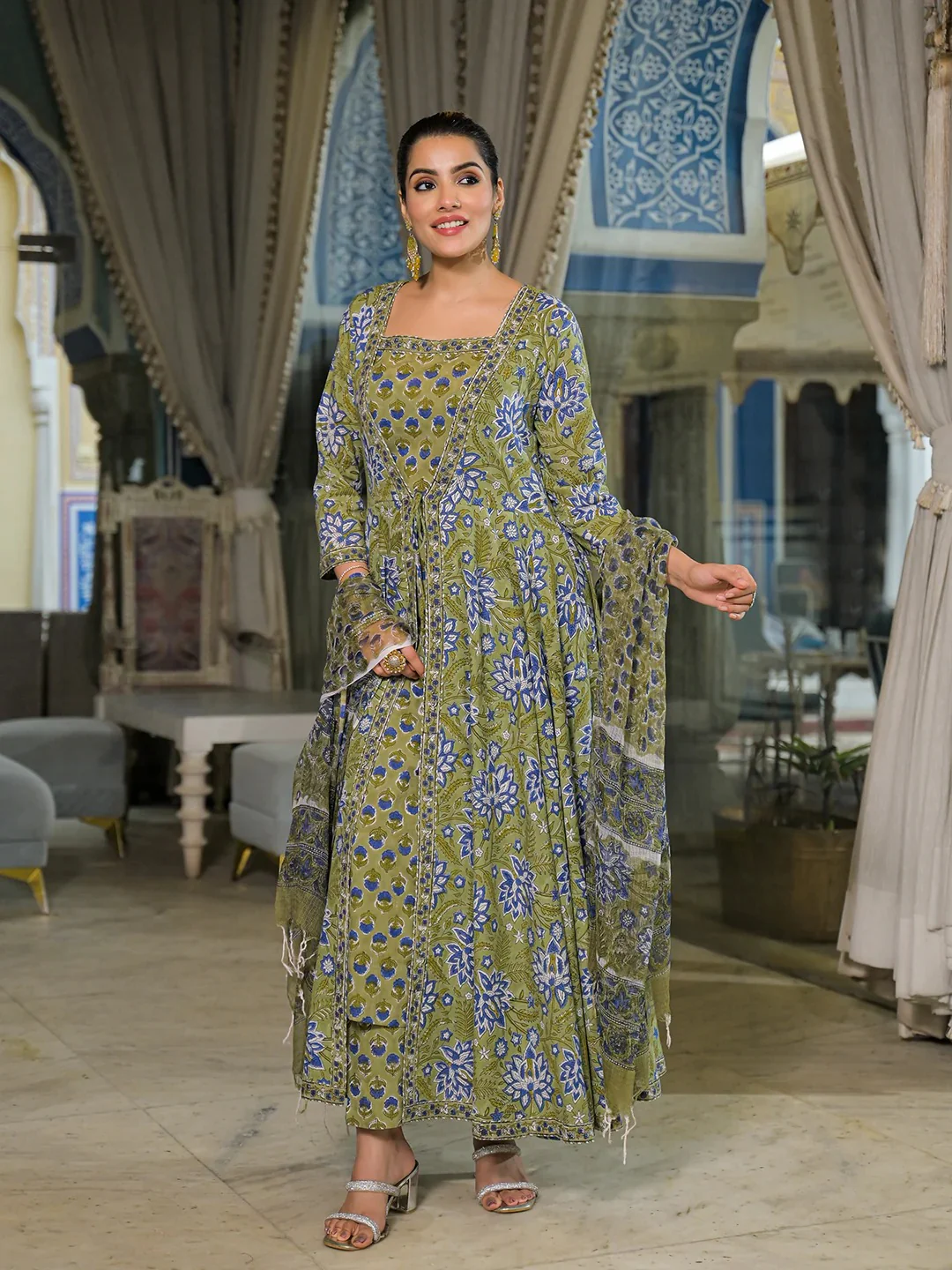 Green Hand Block Cotton Anarkali Kurta Pant With Dupatta & jacket - Image 6