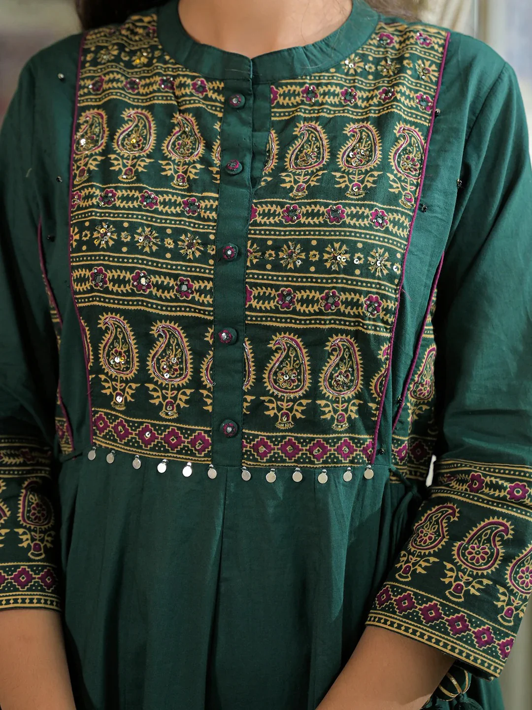 Green Paisley Print Cotton Anarkali Kurta Pant Set With Dupatta - Image 4