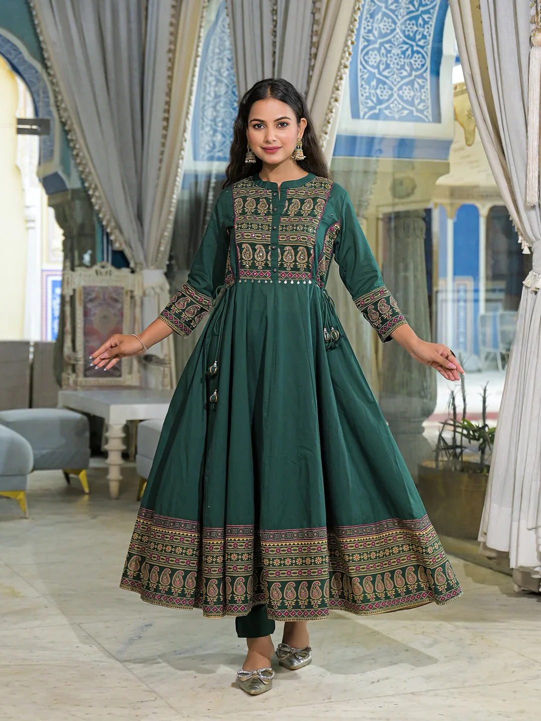 Green Paisley Print Cotton Anarkali Kurta Pant Set With Dupatta - Image 6