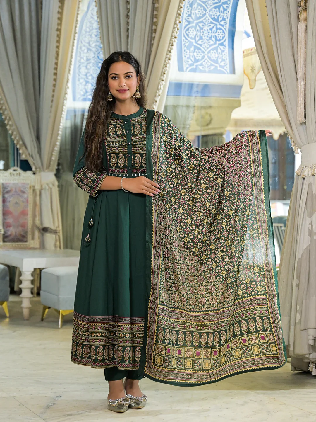 Green Paisley Print Cotton Anarkali Kurta Pant Set With Dupatta - Image 7