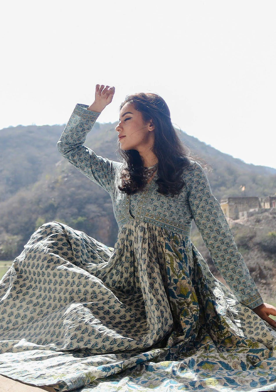Grey Blue Block Print Mulmul Kurta - Image 3
