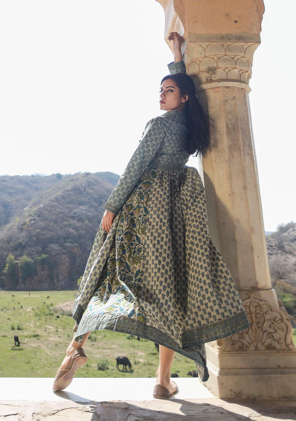 Grey Blue Block Print Mulmul Kurta - Image 4