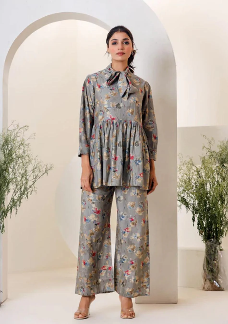 Grey Floral Print Muslin Peplum Top With Bell-Bottom - Image 10