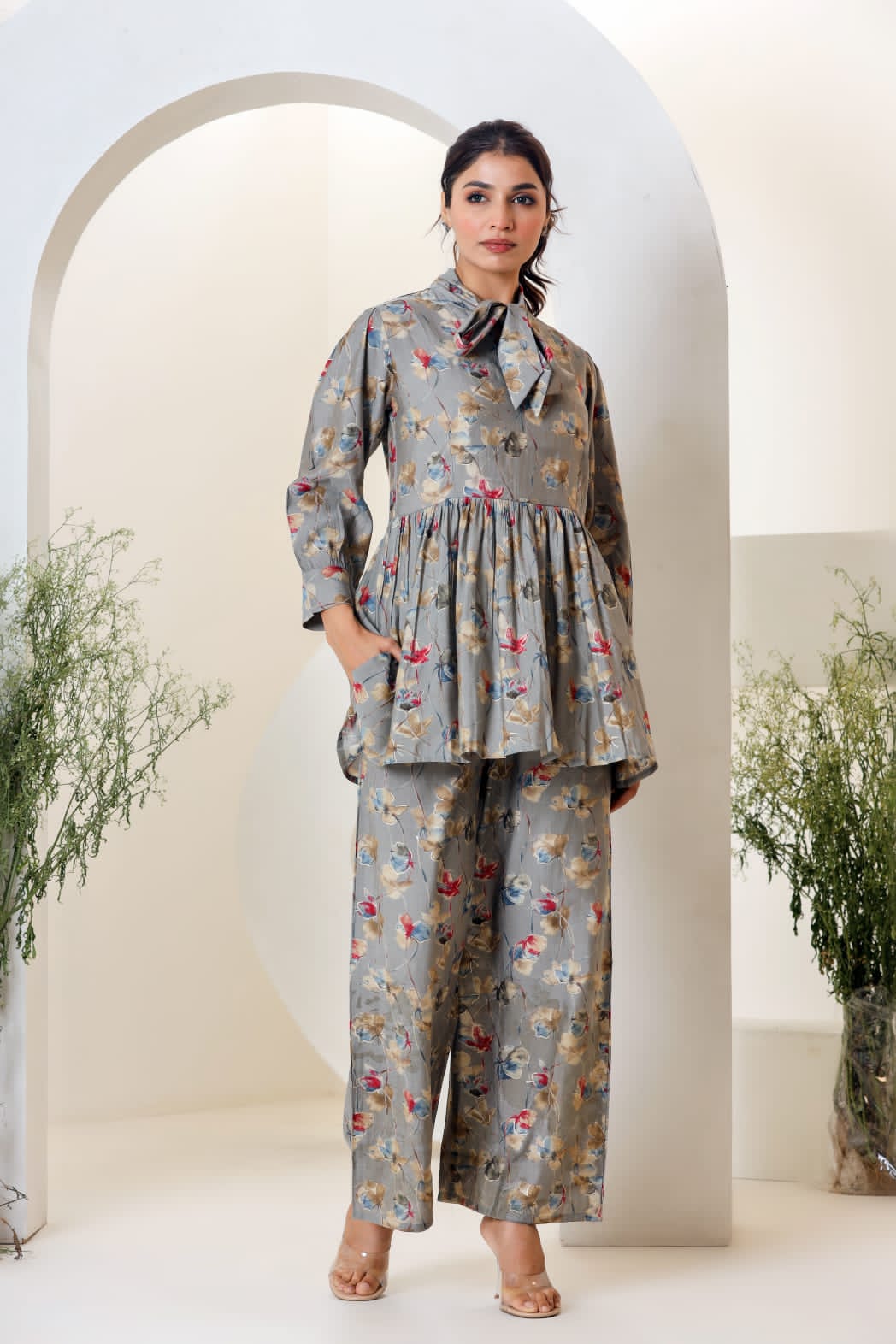 Grey Floral Print Muslin Peplum Top With Bell-Bottom - Image 11