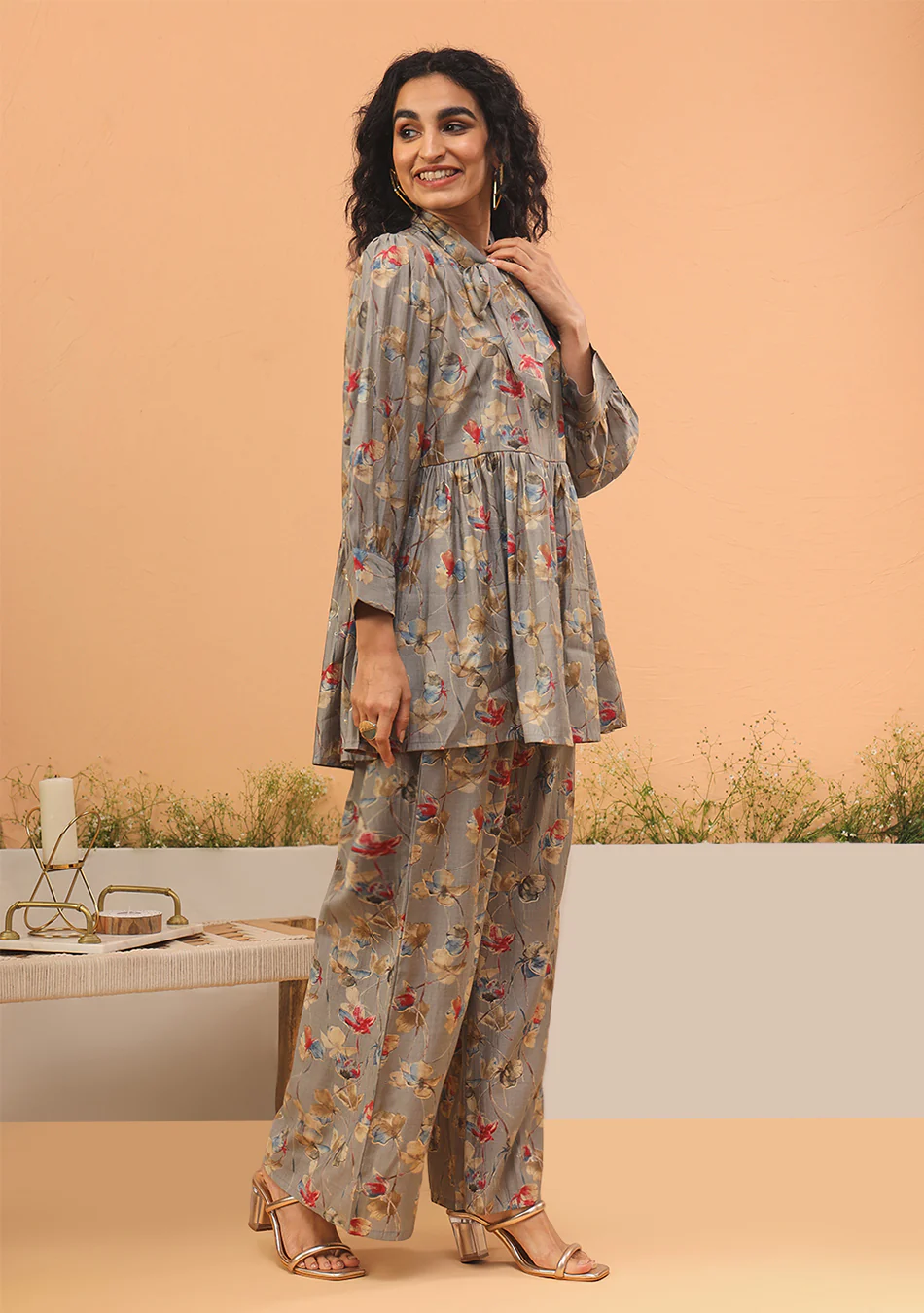 Grey Floral Print Muslin Peplum Top With Bell-Bottom - Image 3