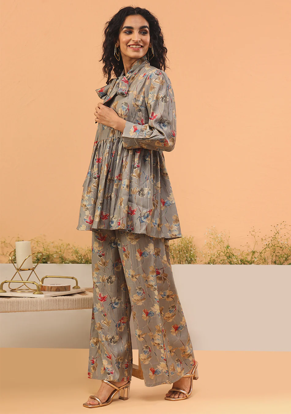 Grey Floral Print Muslin Peplum Top With Bell-Bottom - Image 5